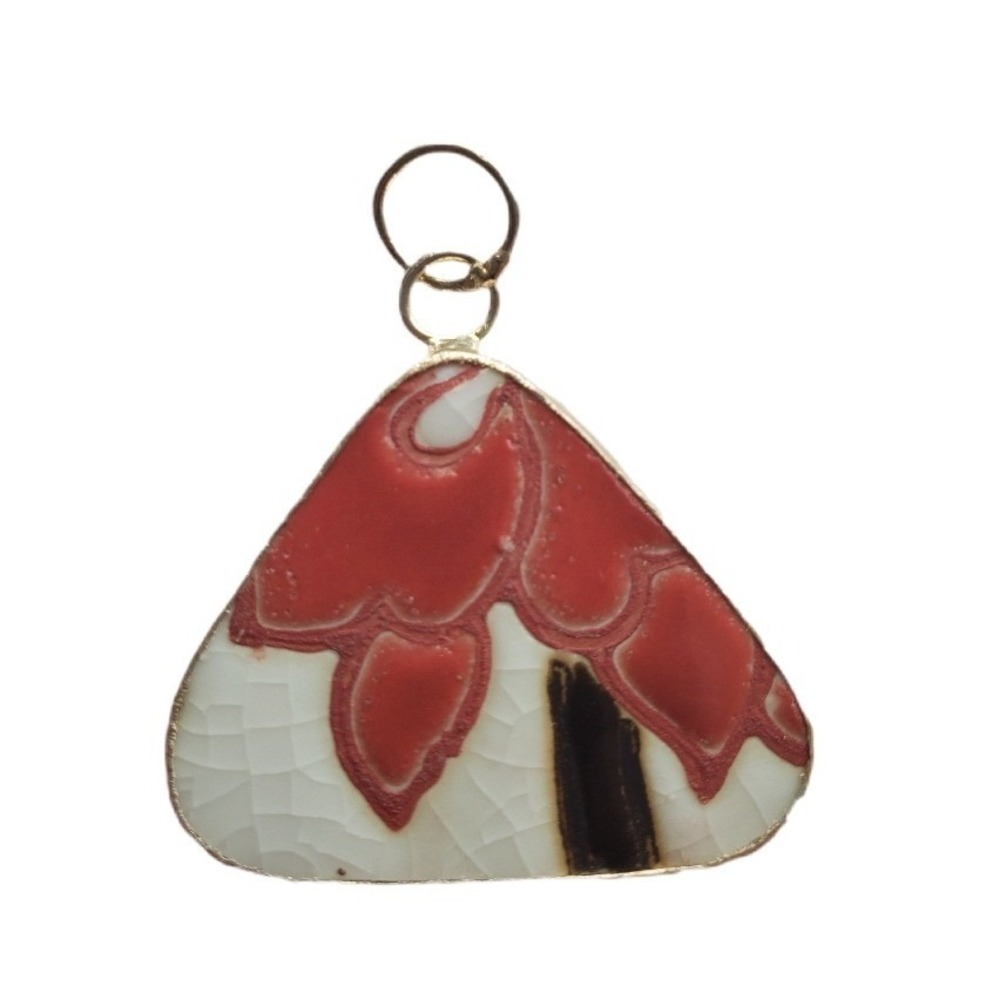 Pottery‎ Shard Pendant Red Floral Crackle Glaze Triangle Porcelain Focal Jewelry